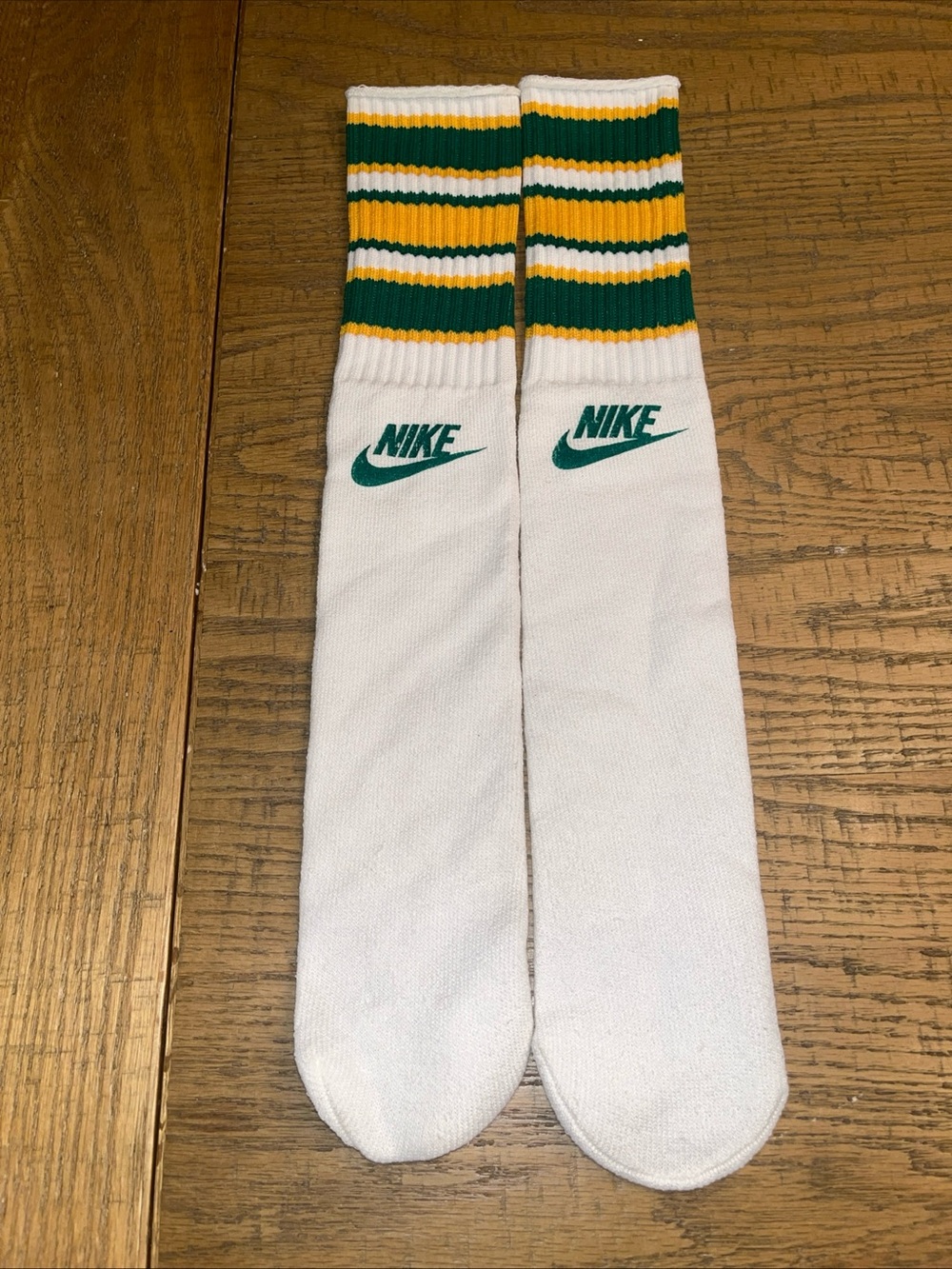 Nike Vintage Tube Socks White Green Gold Stripe Logo Athletic Sportswear